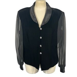Vintage Another Thyme Black Velvet Chiffon Sleeve Crystal Button Jacket Sz XL